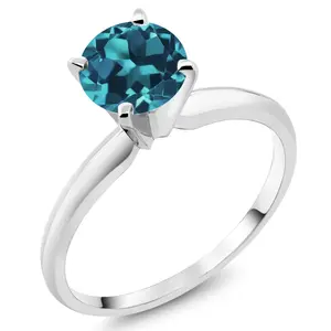 Gem Stone King 14K White Gold London Blue Topaz Solitaire Engagement 4-Prong Ring For Women | 1.10 Cttw | Round 6MM | Gemstone November Birthstone