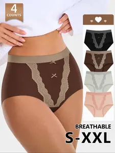 4 Pack Morelect Lace Trim Breathable Women's Underwear Panties, High Waist Butt Lifting, Colorblock Design, Sizes S-Xxl, All Seasons Casual Style