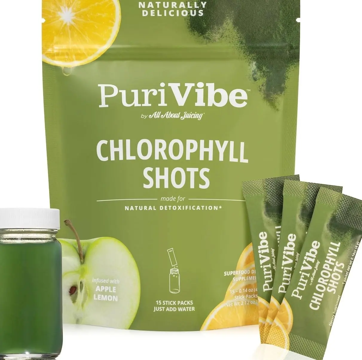 All About Juicing Chlorophyll Green Juice Shots - Clean Energy, Detox, Alkalize - 15 Stick Packs - 120 mg, Superfood Juice Powder - PuriVibe