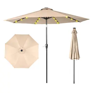 9ft Waterproof Folding Parasol Market Table Umbrella with 1.5" Pole and 8 Sturdy Ribs Beige with Lights (Base Not Included)