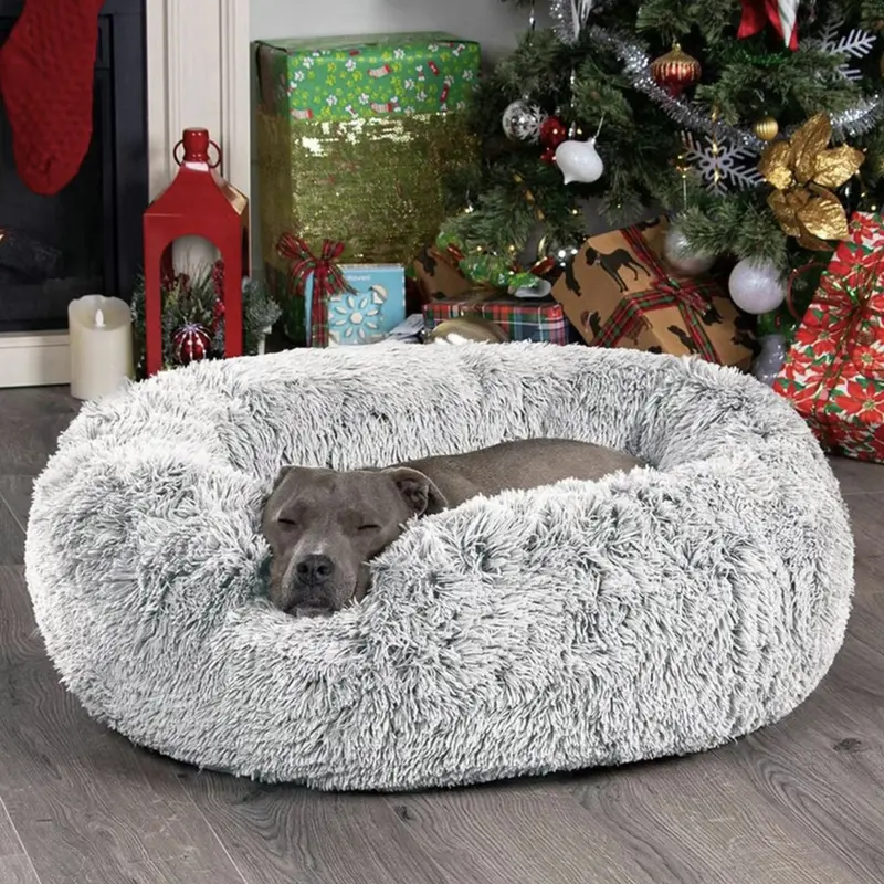 【SummerVibes】Donut Dog & Cat Bed - Medium, Anti-Anxiety Cuddler with 22d Cotton Core, 3D Structure, Warming Fluffy Faux Fur Cushion, 40lb Capacity, Deep Sleep Support, Home & Lodge Use, Compressed Pack for Small-Medium Pets