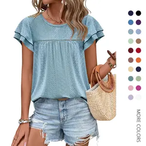 Danedvi Womens Summer Tops Crewneck Eyelet Ruffle Sleeve Blouses Casual Babydoll Shirts 2025 S-2XL Fit Cute
