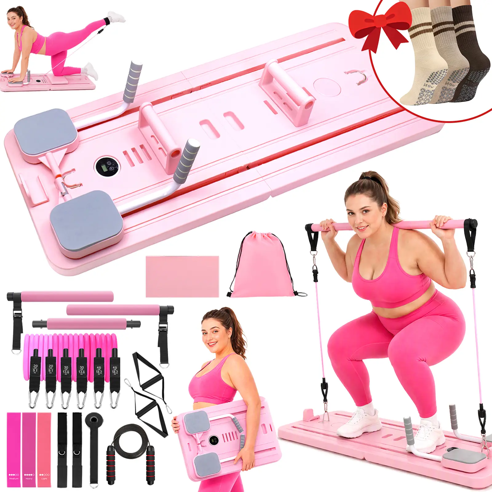 Homimanor Pilates Board Set - Foldable Multi-Purpose Pilates Reformer with Pilates Bar, Resistance Bands, Smooth Tracks, Multi-Level Resistance, Portable Home Workout Gear for Women's Gym