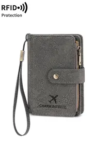 Vintage Passport Wallet, RFID Blocking Short Wallet, Unisex Card Holder, Metal Zipper with Button Closure, Multi-Functional Design