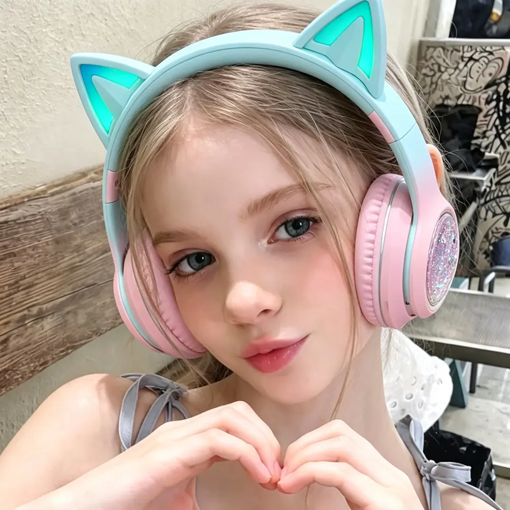 Gradient Cat Ear Bluetooth Headphones LED Glowing Cat Ears Quicksand Glitter Over Ear Wireless Headset Fast Connect Bluetooth Headset For Phone Laptop Gaming Kids Girls