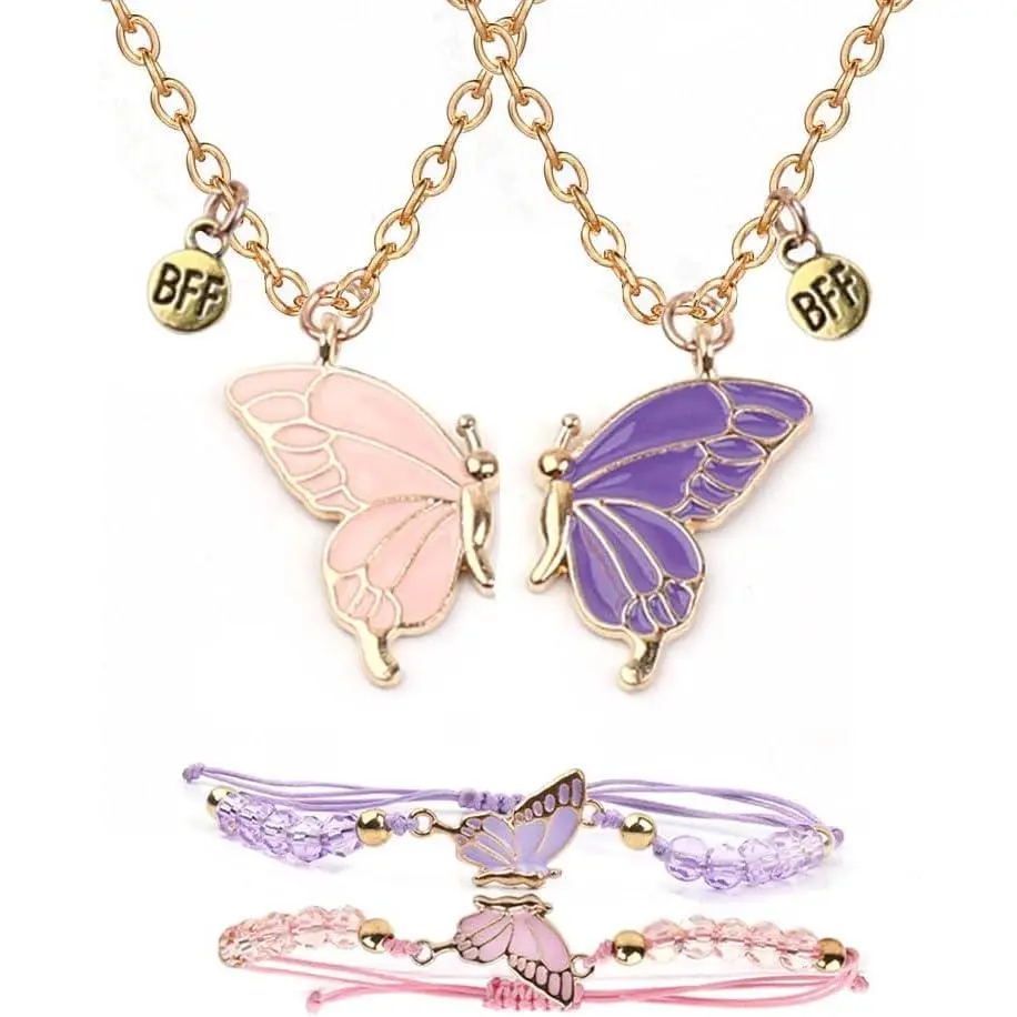 Butterfly BFF Matching Necklace Bracelet Set for 2, Fashion Costume Jewelry Accessory Set