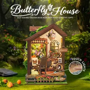 DIY Butterfly House Book Nook Kit – 1 Set 3D Wooden Puzzle Bookend with LED Light, Dust Cover, Miniature