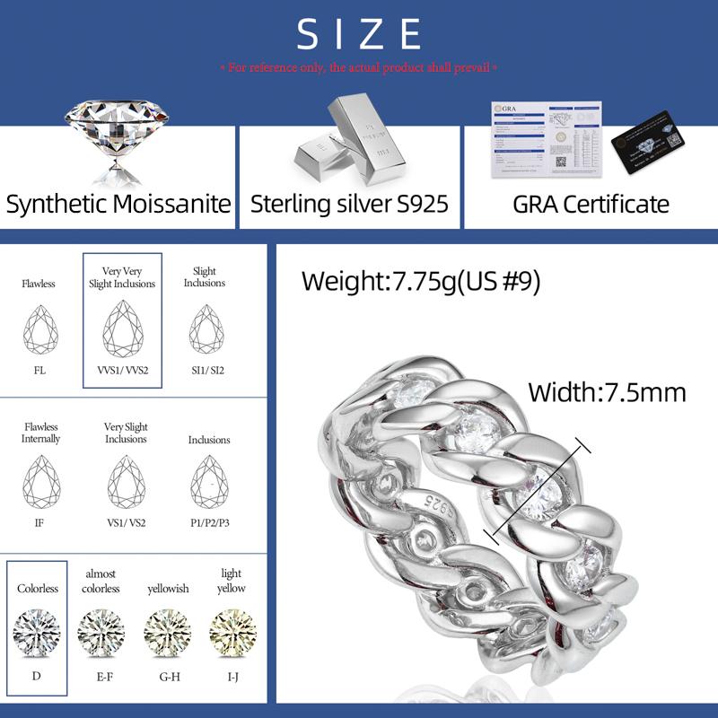 【#R456 】Cuban Ring UCCIYO S925 Sterling Silver Synthetic Moissanite Ring for Women Men Hip Hop Jewelry Gift