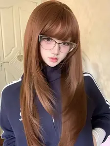 Ashely Brown Wig 24inch Long Straight Hair Wig with Bangs High Temperature Fibers Synthetic Wigs for Daily Use Cosplay