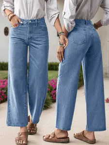 Women's Casual Everyday High-Waisted Cotton Jeans, Loose Fit Wide Leg Pants, Comfortable Style, Zipper Fly, Pockets, All Seasons