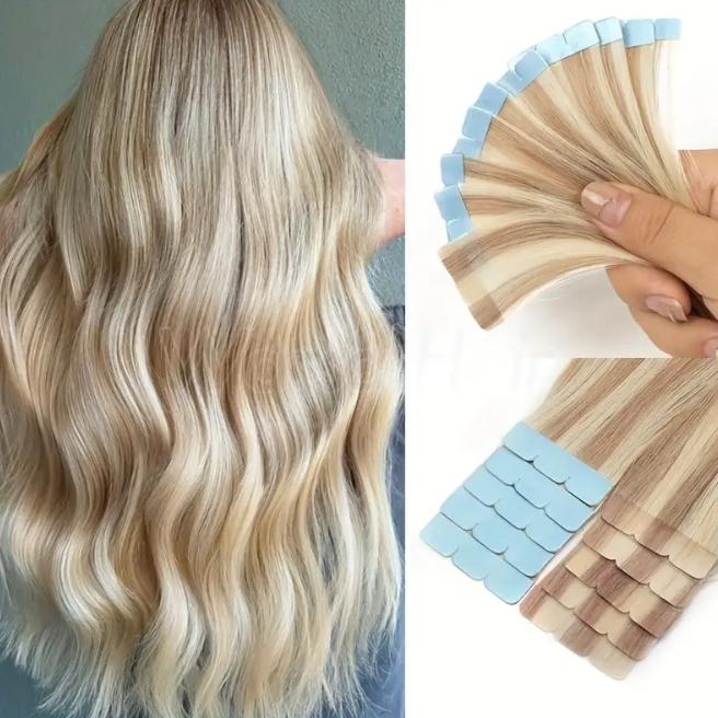 10pcs Mini Tape in Hair Extensions, Invisible PU Seamless 100% Human Hair, Light Beige 12/16 Inch, Secure Adhesive Weft, Natural Look for Women, Hair Loss Coverage & Versatile Styling