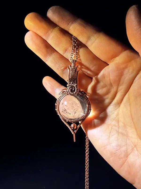 Handwoven Copper Wire-Wrapped Crystal Ball Necklace, Unisex Decorative Pendant with an Adjustable 18-22" Chain, Decorative Necklace, Trendy Necklace