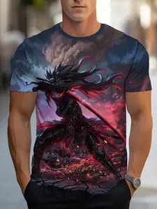 Men'S 3D Pattern T-Shirt, Digital Print Round Neck Short Sleeve Top, Cool Dark Samurai Assassin Design Street Casual T-Shirt