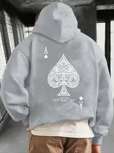 Men's Casual Hooded Sweatshirt, Trendy Poker Card Design, Dark Gothic Style, Fitted Fall & Winter Wear, Moderate Fabric Thickness