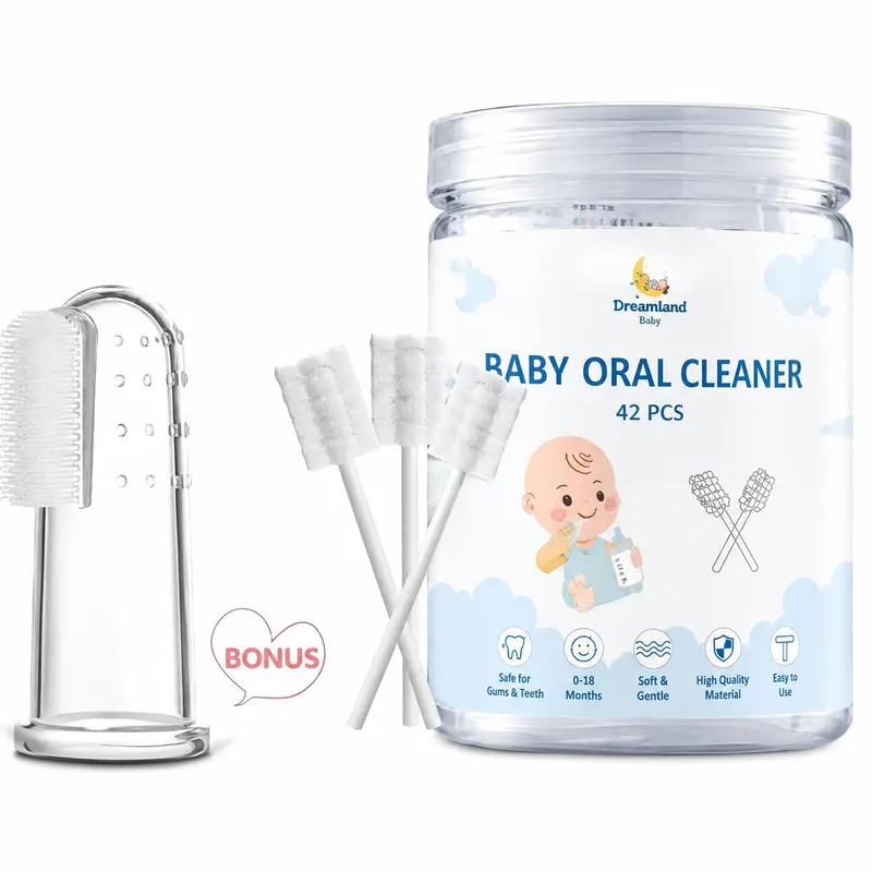 Mother's Day Gift 42 Pcs Disposable Infant Toothbrush, Gauze Gum Cleaner Baby Oral Cleaning Stick Dental Care for 0-36 Months + Free 1 Finger Toothbrush