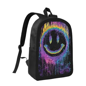 Fantasy Smile Neon Rainbow Joyful Face Backpack - Large Capacity School Bookbag with Adjustable Straps & Chain Detailing, Durable Suitable for Teens, College Students, Travel, Machine Washable Zipper Closure School Bag for And, for Teenager