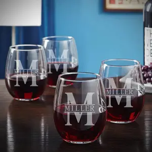 HomeWetBar Engraved Wine Glasses Set of 4 - Personalized Stemless Wine Glasses