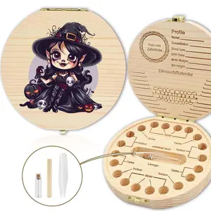 Wooden Witch Pattern Teeth Storage Holder, 1 Count Milk Teeth Organizer Box with Tweezers & Bottle & Stand, Festive Souvenir Gifts