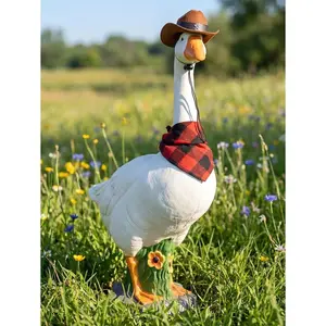 TYTARBEL 23‘ Porch Goose Statue – Resin Garden Goose with Removable Denim Hat & Bandana, Stone-Look Base Sand-Fillable Design for Outdoor Stability
