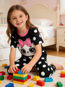 Kids Cute Summer Pajamas Set for Girls 1-8 Years, Short Sleeve and Long Pants, Milk Silk Fire Retardant Fabric, Random Panda Polka Dot Print, Print Sleepwear