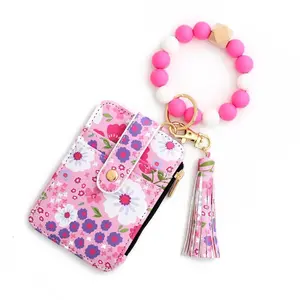 Women Leather Credit Card Holder Keychain, Broken Flower Design, Single Color Silicone Beads, PU Material, Floral Fringe, Gift for Friends and Mother