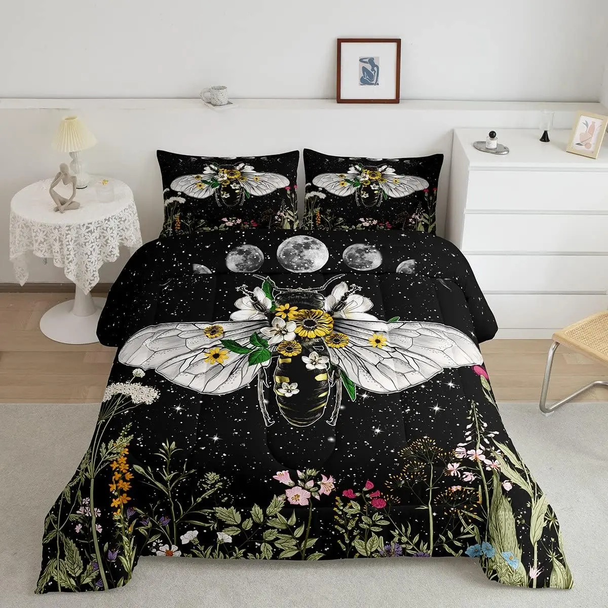 Feelyou Queen Microfiber Comforter Set - Floral Wildflower Honeybee & Moon Phase Vintage Botanical, Breathable Decorative Floral Bedding, Machine Washable Quilt Bedspread with Inner Fill, Floral Bedding Sets, Quilt Bedspread Set