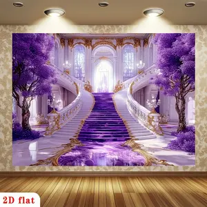 Purple Palace Staircase Backdrop Luxury Royal Theme Tapestry Wall Hanging Photography Background for Wedding Reception Birthday Party Event Decor Photo Booth Supplies