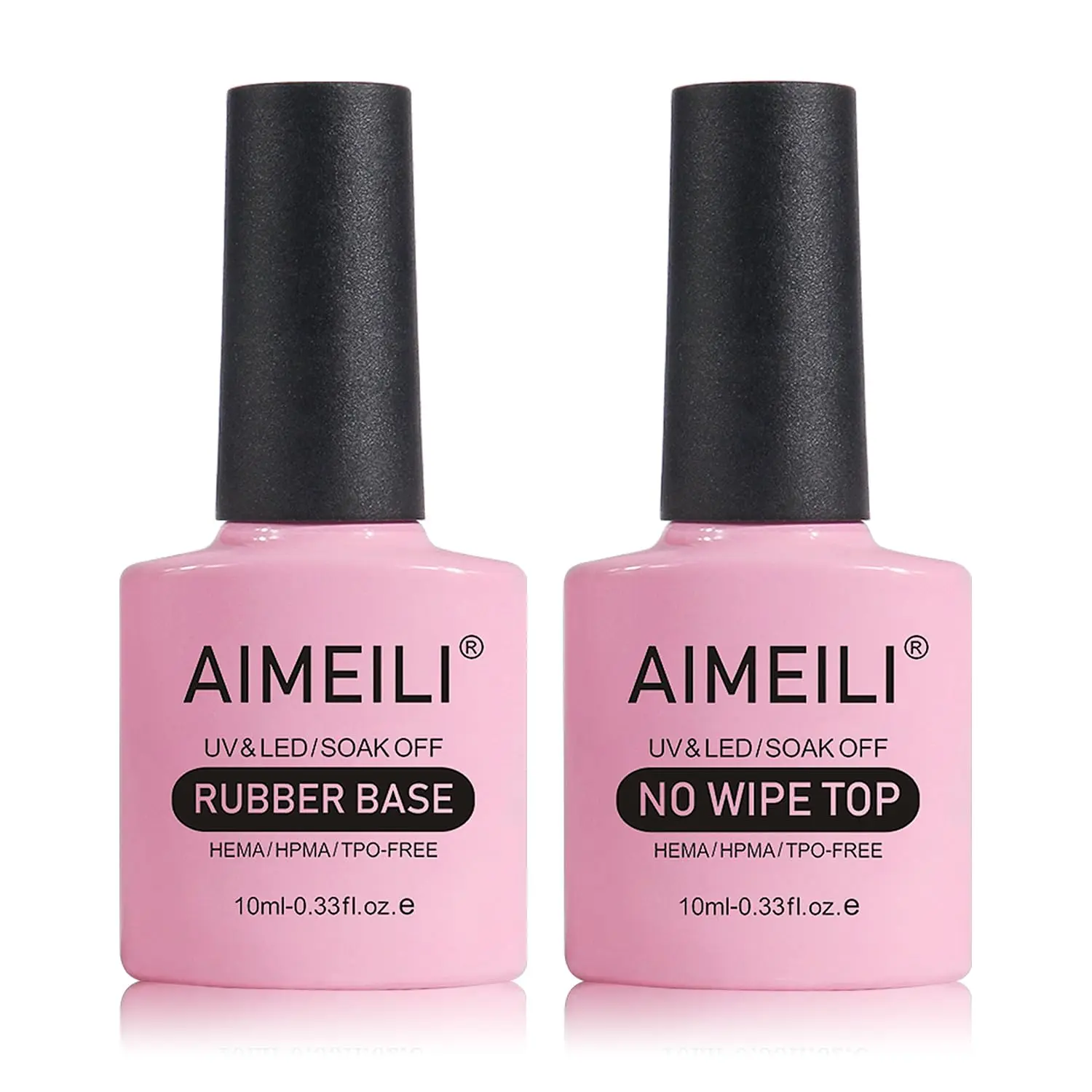 AIMEILI Hema-Free Gel Nail Polish Set, 4-in-1 Rubber Base Coat and No Wipe Top Coat, 10ml Soak Off UV/LED Gel for DIY Manicure, Gel Polishing