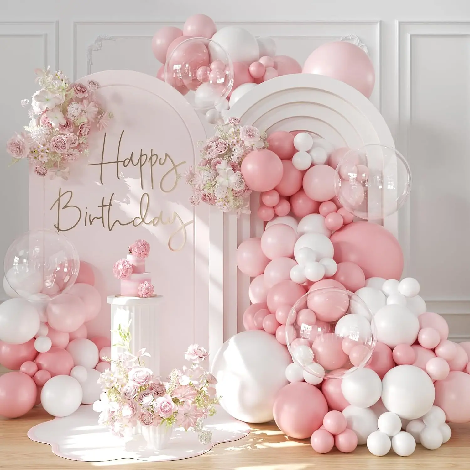 Pink Balloon Arch Kit 132Pcs Pink and White Balloon Arch Garland Kit Include Light Pink White Balloons Clear Balloons for Birthday Wedding Shower Anniversary Bachelorette Bridal Party Decorations