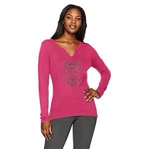 Hanes Women’s Split Neck Graphic Long Sleeve Tee | Glitter Owl Design | Deep Raspberry Heather | Size X-Large | Casual & Comfortable Top