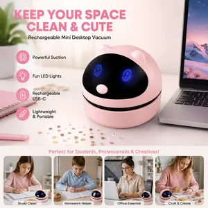 Cute Rechargeable Mini Desktop Vacuum Cleaner with LED Lights – USB-C Portable Desk Crumb Cleaner for Office, Study & Keyboard safety lock
