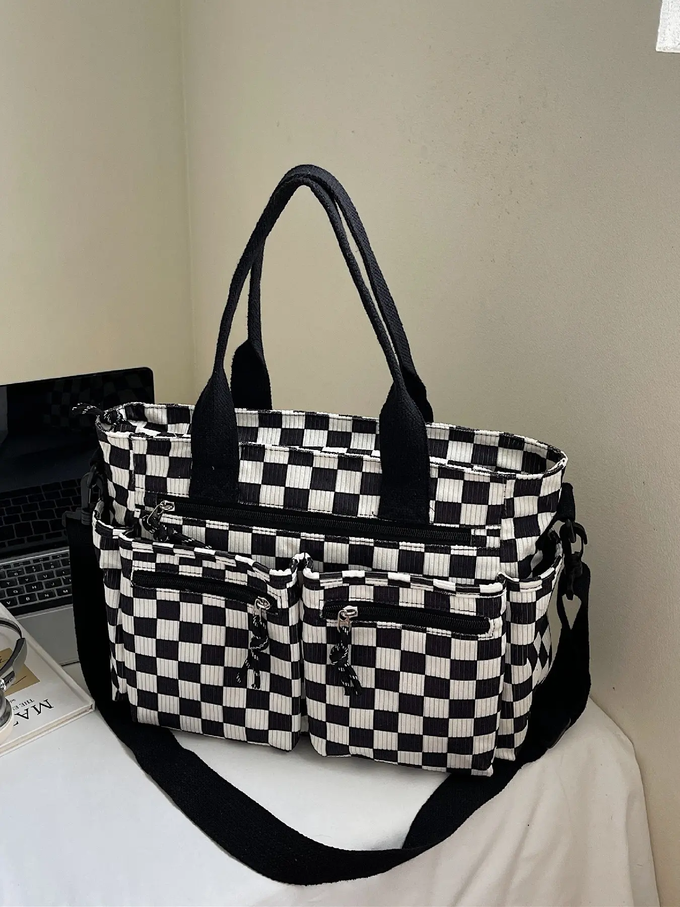 Women's Plaid Pattern Multi-Pocket Zipper Tote Bag, Fashionable Patterned Bag, Fashion Casual Shoulder Bag, Crossbody Bag, Stylish Daily Use Handbag, Convertible Crossbody Bag, Fashionable Crossbody Bag, Crossbody Purse, Casual Bags