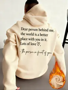 Men's Letter Print Fleece Hoodie, Casual Loose-Fit Thick Fabric, Fall & Winter Fashion, Unisex Design, Comfortable Pullover Sweatshirt, Casual Hooded Sweatshirt