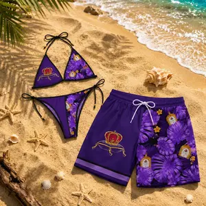 Crown Royal Purple Tropical Couples Swimwear Set, Matching Bikini & Men’s Beach Shorts, Hawaiian Summer Vacation Outfit