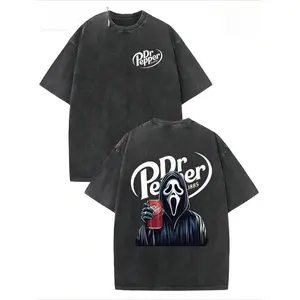 Dr. Pepper Ghost Face Horror Double-Sided T-Shirt |   Washed Batik Retro Thick Cotton Tee, Loose Fit Round Neck Short Sleeve, Couple Style Summer Streetwear