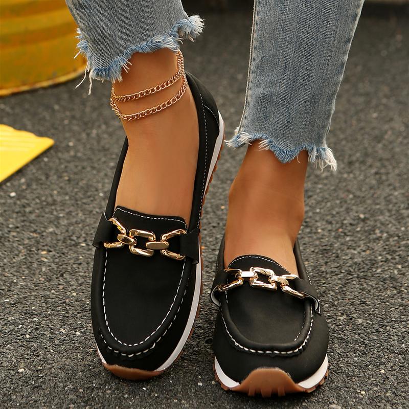 Women's Loafers Shoes with Chain, Round Retro Toe Comfortable Slip On Work
