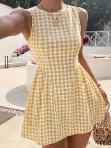 Women's Yellow White Gingham Sleeveless Fit-and-Flare Mini Dress, Y2K Streetwear Vintage Cottagecore Plaid A-Line Dress, Summer Casual Breathable Sundress, For Daily Wear, Brunch, Beach, Women's Retro Streetwear #springsaledeals2026 #summeroutfits #tiktok