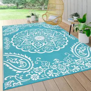Waterproof 5x8 Reversible Outdoor Rug, Plastic Straw Patio Camping RV Mat Carpet for Deck Camper Porch Balcony Backyard Picnic, Boho Teal
