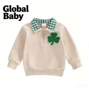 Global Baby St. Patrick's Day Toddler Baby Boy Irish Tops Fashionable Cute Shamrock Embroidery Long Sleeve Collared Pullover  Long Sleeve Pullovers Tops for Toddler Cute Clothes Outfit