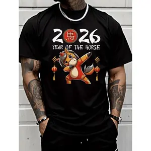 Men's Fashion Casual Trendy Graphic T Shirt with 2026 Year of the Horse Chinese Zodiac Dancing Horse in Red Outfit Lanterns and Chinese Knot Pattern Adults Men Street Style Holiday Gift Casual Wear Streetwear Comfy