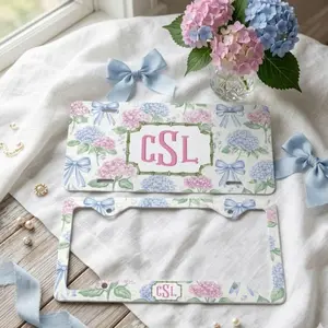 Personalized Hydrangea License Plate & Frame, Custom Monogram Floral Car Tag, Blue Pink Bow Coquette Aesthetic, Girly Frame Gift for Women