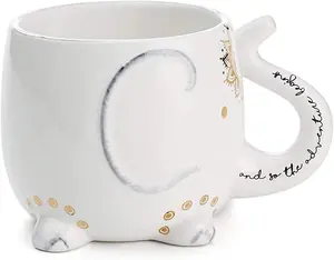 VOTUM White Ceramic Coffee or Tea Mug with Elephant Print, Hand Printed Designs, and Saying, 18.6 Fluid Ounce, Cute Handmade Cup