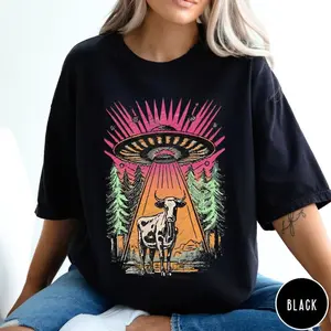 [Sale off up to 50%] UFO Cow Abduction Shirt, Funny Vintage Retro Graphic Alien Tshirt, Unisex T Shirt, Paranormal Oversized Aesthetic UFO Tee, Graphic Streetwear T-shirt