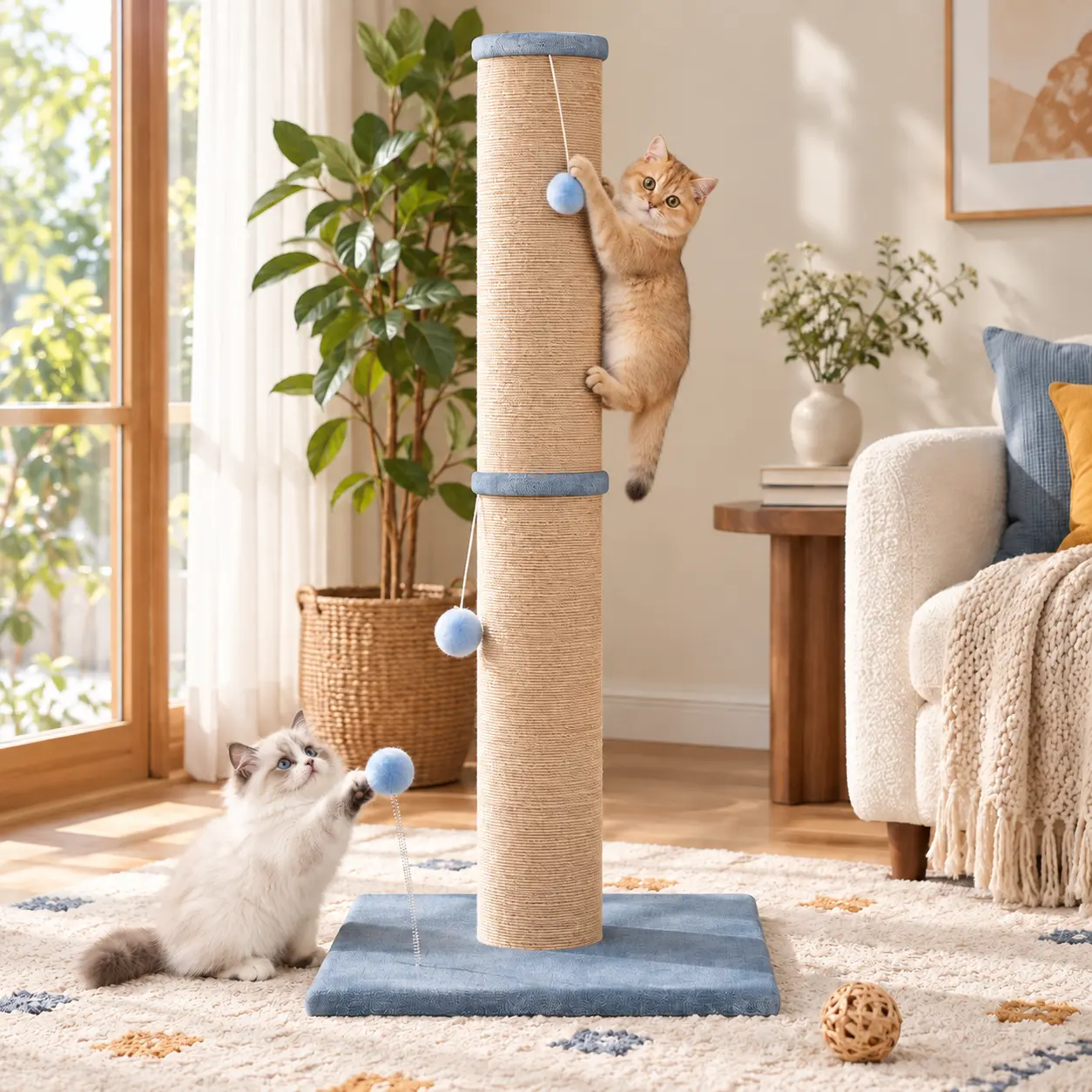 LIKIMIO 41.7" Tall Cat Scratching Post - Natural Sisal Scratcher, 6.2" Diameter Pole, Stable Base, Hanging Toys, 41.7" Tall Stretch, 19.4×19.4×41.7 Inches, for Indoor Cats, Bedrooms Furniture Protection,familyfun