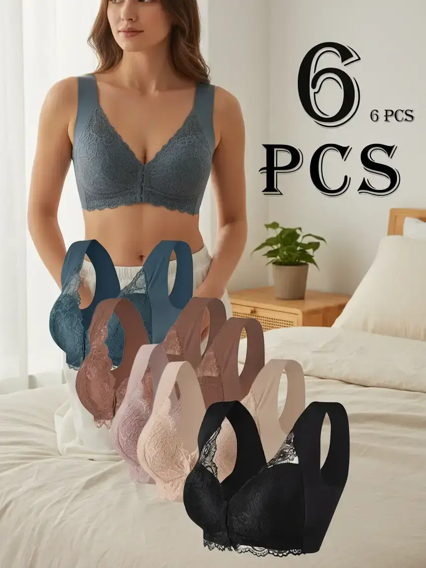 Women's 6-Pcs Wireless Sculpt Bralettes Set - Elegant Floral Lace Lingerie, Front-Closure, Push-Up Fixed Cups, Wide Comfort Straps, Back-Smoothing Seamless Breathable Fabric, Lifting Support, 6 Shades for Daily Lounge Wear, Knit, Everyday Wear, Adult, Lac