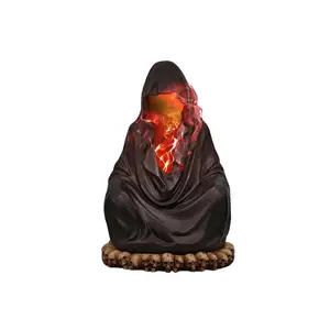 Premium Statue ：Mystic Wizard Backflow Incense Burner with LED Light Hooded Figure for Dark Fantasy Decor Stress Relief and Relaxation Lotus Shaped Set