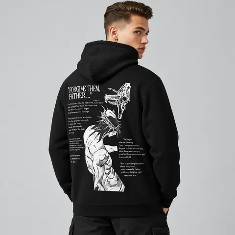 Men's Y2K, Forgive Them Father Bible Verses Graphic Hoodie - Cotton Blend Black Long Sleeve Pullover Regular Fit | Soft & Breathable Fabric, Durable Print, Everyday Comfort, Machine Washable, street style casual wear
