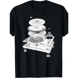 [100% Cotton] Vintage DJ Turntable 1210 Blueprint Graphic T-Shirt For Men - 100% Cotton Crew Neck Short Sleeve Music Lover Gift Menswear Tops T-Shirt For Men And Women graphic t-shirts