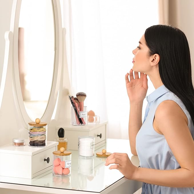 Cotton Swab & Cotton Ball Holder with Bamboo Lid 4 Pack 10 oz Clear Plastic Apothecary Jars for Bathroom & Vanity Storage Q‑Tip Organizer Canister Set for Makeup Cotton Pads Floss & Toiletries