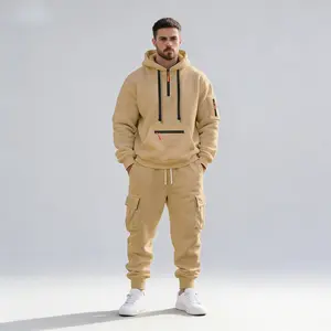 Men's Winter Heavyweight Fleece Lined Casual Set, Loose Fit Sporty Multi-Pocket Workwear Suit, Warm & Comfortable Outerwear